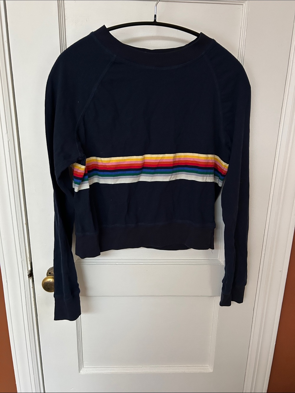 Mod Ref Navy Cropped Long-Sleeve Tee with Multicolor Chest Stripe